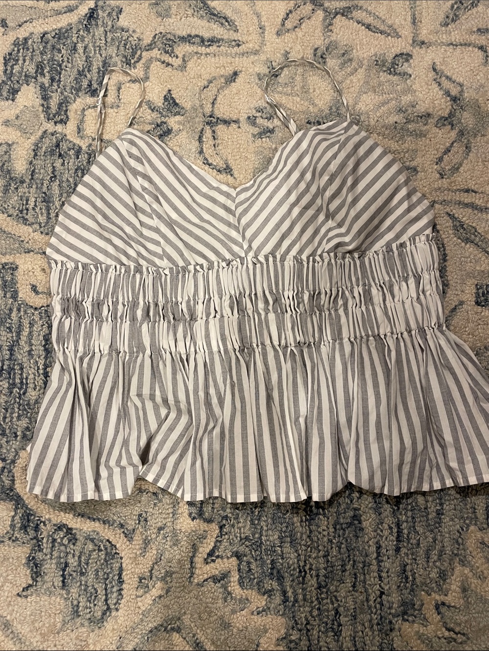 Express Gray & White Striped Smocked Peplum Cami